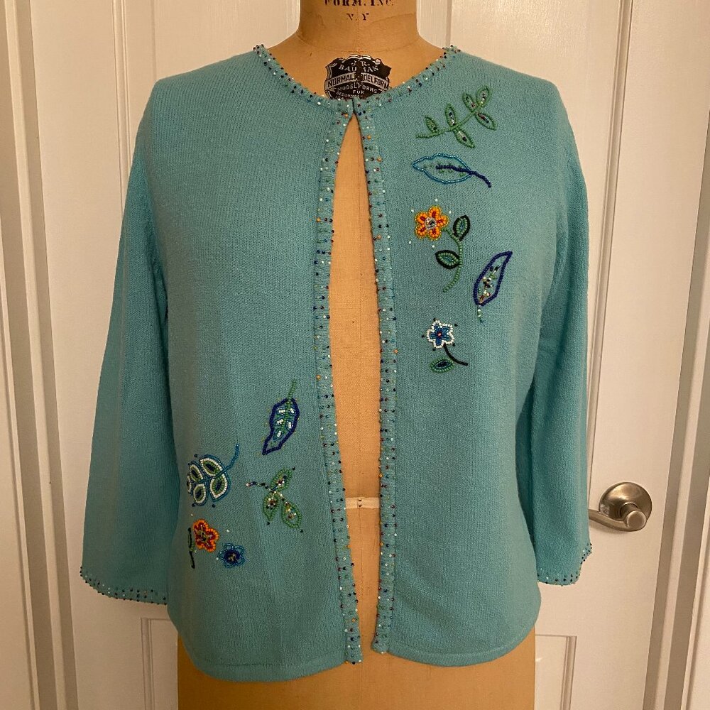 pastel teal beaded cardigan, M